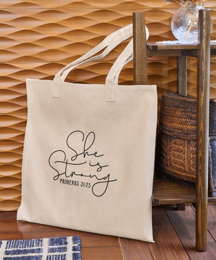 She Is Strong Canvas Tote Bag – Proverbs 31:25